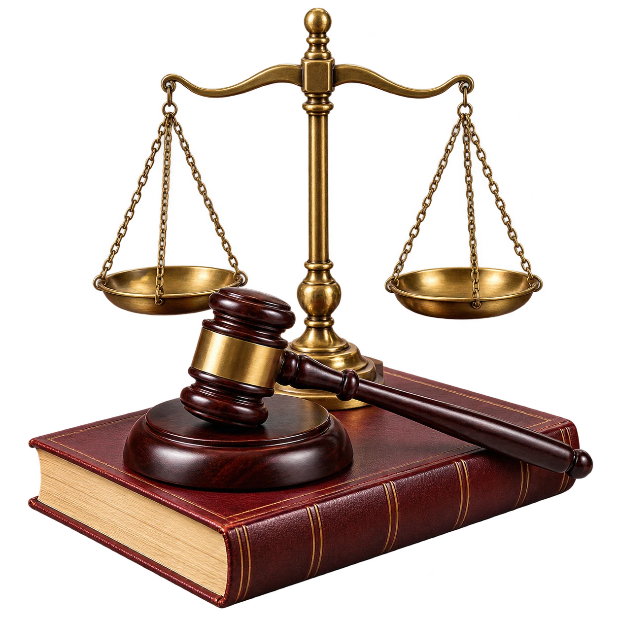 Martelo de juiz, livro e balança da justiça